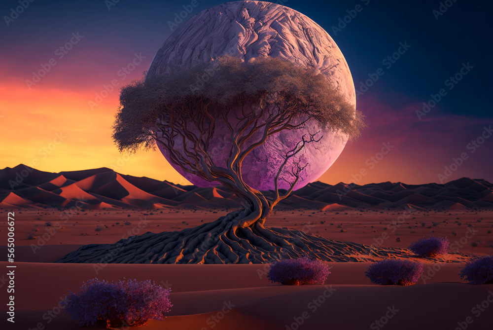 Poster strange, mysterious tree in a dream, in another world or on an alien planet big moon in background. 