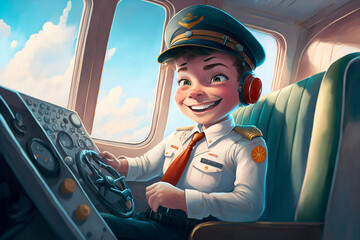 Illustration for children's book depicting an cute baby airplane pilot - AI generative - obrazy, fototapety, plakaty
