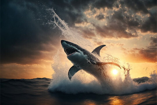 A shark jumps out of the water at sunset, Generative AI,
