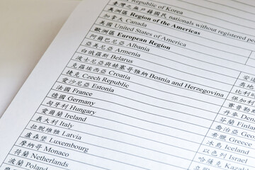 Obraz premium Close up of a document paper showing Chinese and English name of the selected countries. Selective focus, translation. 