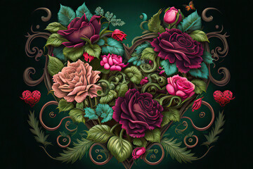 Beautiful heart with colorful roses and green leaves on a dark green background, love, valentine, illustration, Generative AI