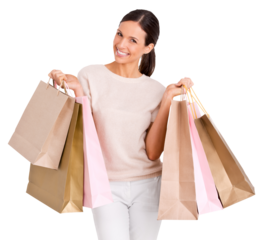 Portrait of an attractive young woman posing and holding up shopping bags isolated on a PNG background.