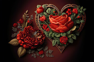Beautiful heart with red roses and green leaves, dark red background, love, valentine, illustration, Generative AI