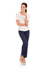 Fototapeta premium An attractive young woman smiling and pointing her finger at the camera isolated on a PNG background.