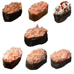 Japanese Gunkan Sushi with salmon and flying fish roe. Gunkan-poppy with Tobiko caviar, rice and salmon wrapped in nori seaweed. Side view Pan Asian dish Gunkan Sake Maki isolated on white background