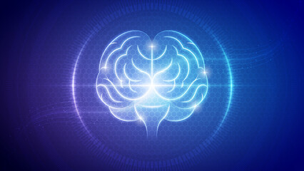 Human Brain Front View Central Nervous System Futuristic Medical Hologram Neon Glow Translucent Backdrop Background Illustration