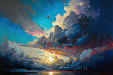 Amazing sky, knife oil painting on linen canvas. Generative AI.