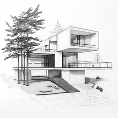 black and white drawing of a modern minimalist house in idyllic setting, generative AI