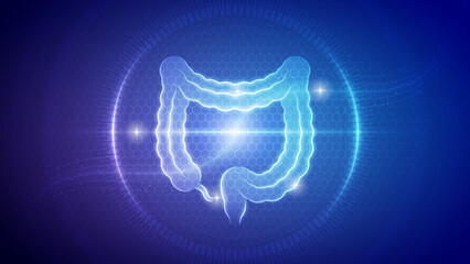Human Large Intestine Gastrointestinal System Futuristic Medical Hologram Neon Glow Translucent Backdrop Background Illustration - obrazy, fototapety, plakaty