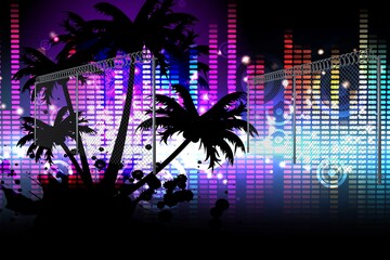 Silhouette of palm trees, music equalizer and spot of light against black background