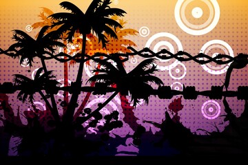 Fototapeta premium Barbed wire over silhouette of palm trees against yellow and purple gradient background