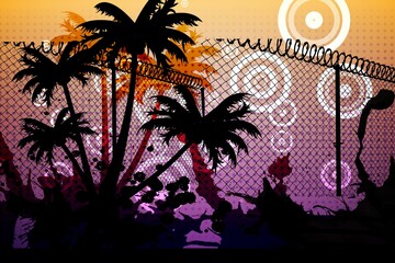 Barbed wire over silhouette of palm trees against yellow and purple gradient background