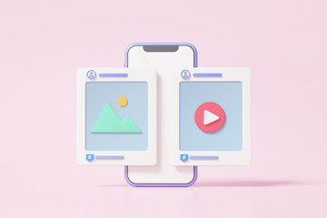 3D Social media online concept. with show post photo frame and video, like, comment on pink background. Digital marketing platform via smartphone. 3d render illustration cartoon minimal style