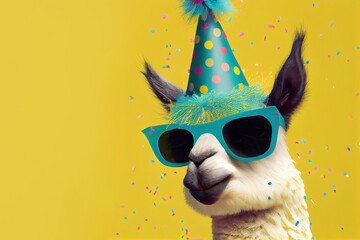 alpaca in party hat and sunglasses over yellow background. Generative Ai - obrazy, fototapety, plakaty