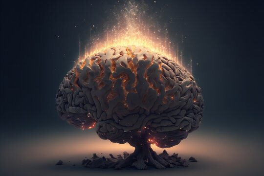 Striking concept art of a brain exploding with knowledge and creativity
