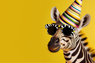 zebra in party hat and sunglasses over yellow background. Generative Ai - obrazy, fototapety, plakaty