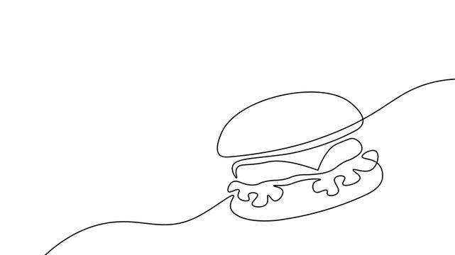 recommend clip art: One line continuous cheeseburger symbol concept. Silhouette of fast food restaurant burger with cheese salad buns. Digital white single line sketch drawing vector illustration