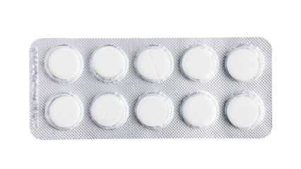 Pills, tablets in a blister pack isolated on transparent background, top view, healthcare and medicine concept