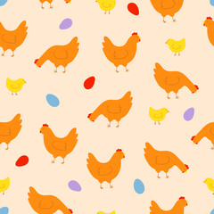 Seamless pattern with colorful hens, chickens and eggs. Background for Easter, decor, invitation, cards.