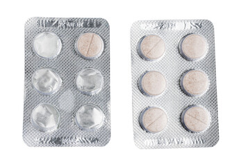 One new blister pack with pills and opened empty blister isolated on transparent background, top...