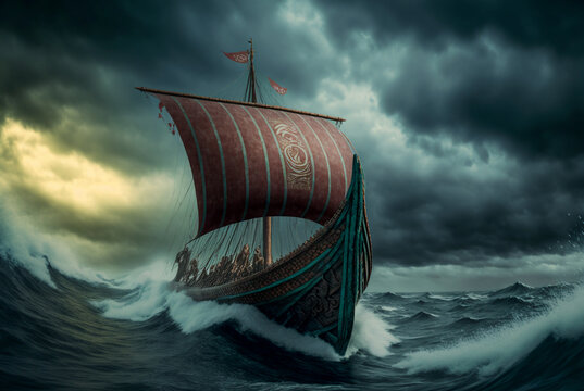 Viking sailboat on stormy sea or ocean with big waves and storm sky and clouds. Created with Generative AI technology.