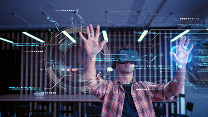 Engineer in industrial technology inspecting prototypes designed with virtual reality tool and artificial intelligence holographic prototypes. for swiftness and precision