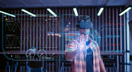 Engineer in industrial technology inspecting prototypes designed with virtual reality tool and artificial intelligence holographic prototypes. for swiftness and precision