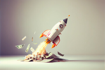 Eine Rakete fliegt in die Luft und verliert Geldscheine - obrazy, fototapety, plakaty