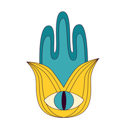 Hamsa hand retro icon. Fatima eye 1970 fantasy abstract style. Ethnic esoteric amulet protecting from evil eye.