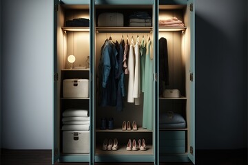  a closet with a lot of clothes and shoes in it and a light on the door and a lamp on the wall above it and a lamp.  generative ai