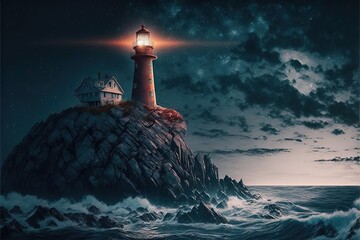  a lighthouse on a rock in the ocean at night with a full moon in the sky above it and a lighthouse on top of it.  generative ai