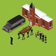 Funeral service with hearse people carrying coffin and mourning guests 3d isometric vector illustration concept for banner, website, landing page, ads, flyer template