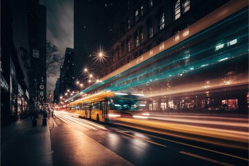  a bus is driving down the street at night time with long exposures of the bus and the building in the background is blurry.  generative ai