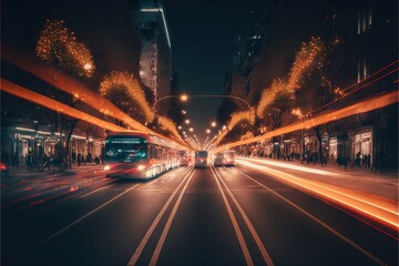  a city street with a bus and cars on it at night time with lights on the buildings and street lights on the street and buildings.  generative ai