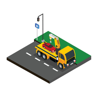 Tow truck city road assistance service 3d isometric vector illustration concept for banner, website, landing page, ads, flyer template