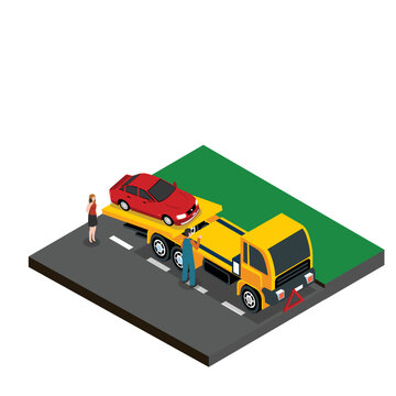 Broken car on a tow truck and woman calling emergency services 3d isometric vector illustration concept for banner, website, landing page, ads, flyer template