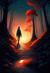 Silhouette of a person in the forest. AI generated art illustration.
