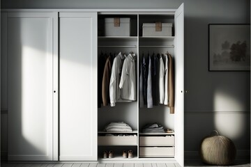  a white closet with a lot of clothes hanging on it's doors and drawers and a basket with clothes on it's feet.  generative ai