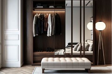  a walk in closet with a bench and a coat rack with clothes on it and a lamp on the side of the closet and a white rug.  generative ai
