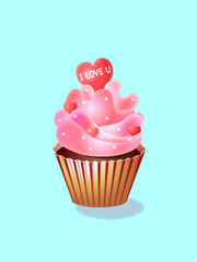 cupcake with pink icing, illustration, cupcake, food, sweet, vector, birthday, muffin, celebration, heart, card, valentine, love
