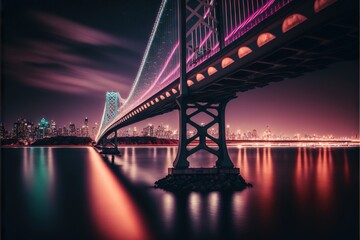  a bridge that is over water with a city in the background at night time with lights on it and a bright purple sky above it.  generative ai