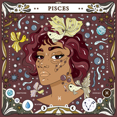 Pisces sign of the zodiac. Modern magical astrological map. Magical girl, stars, moon, constellation, hand-drawn signs. Vector illustration
