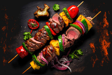 Meat beef shish kebab with vegetables and spice. Generative ai.