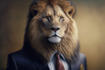 Fototapeta premium Realistic lion dressed in a business suit. Generative ai.