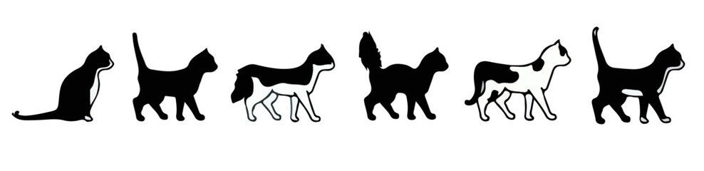 Siluet vektor Cat ditetapkan Terisolasi Pada Latar Belakang Putih, kucing dalam berbagai pose