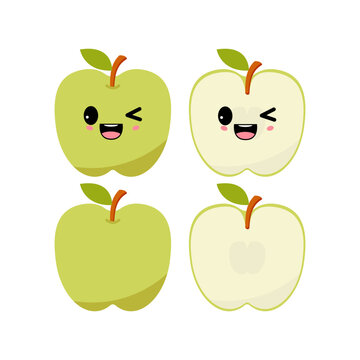 Frisky green apple with kawaii emoji. Flat design vector illustration of green apple on white background	