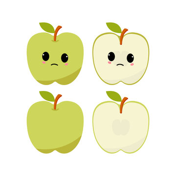 Puzzled green apple with kawaii emoji. Flat design vector illustration of green apple on white background