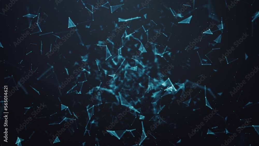 Poster flying polygonal triangles with dots and lines - futuristic background