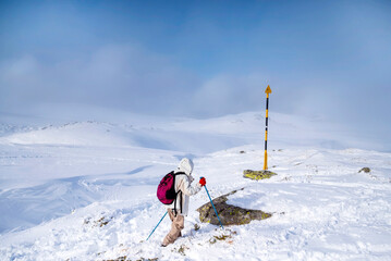 Woman  Hiking in the High Snowy Winter Mountain .Vitosha Mountain ,Bulgaria 