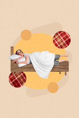Photo creative picture 3d collage of sleepy lady girl enjoy free time cozy bed sunday morning relax rest isolated on painted background